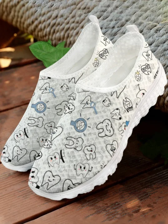 Men'S Shoes For Tennis - White Cartoon Teeth Print Mesh High