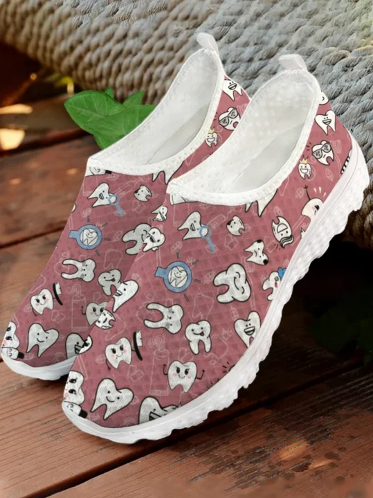 White Cartoon Teeth Print Mesh - Men'S Shoes For Tennis 评论和价格