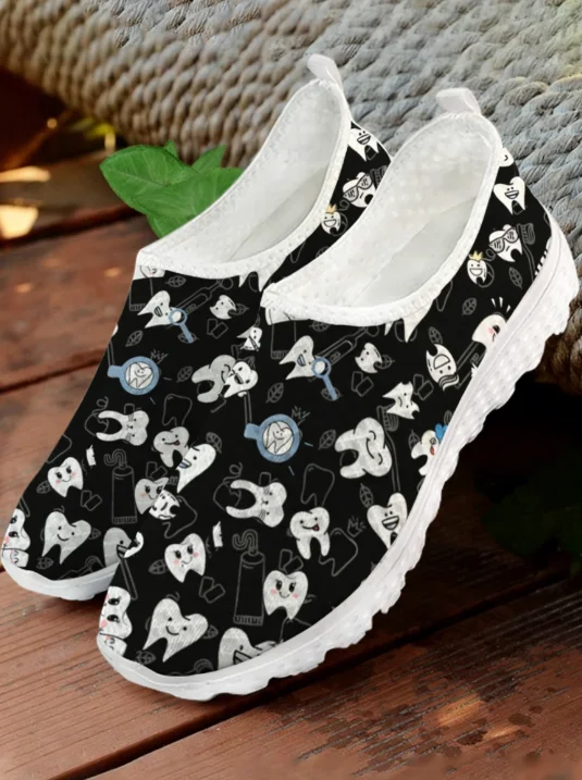 White Cartoon Teeth Print Mesh - Men'S Shoes For Tennis 评论和价格
